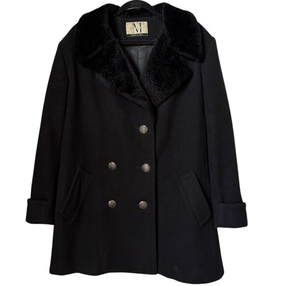 Vintage Macintosh black pea coat with faux fur collar double breasted size XL - Picture 1 of 15